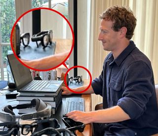 Mark Zuckerberg sat at a desk, smart glasses, VR headsets, and a laptop are in front of him. One pair of smart glasses is circled in red and the image has been enlarged to show a closer look.