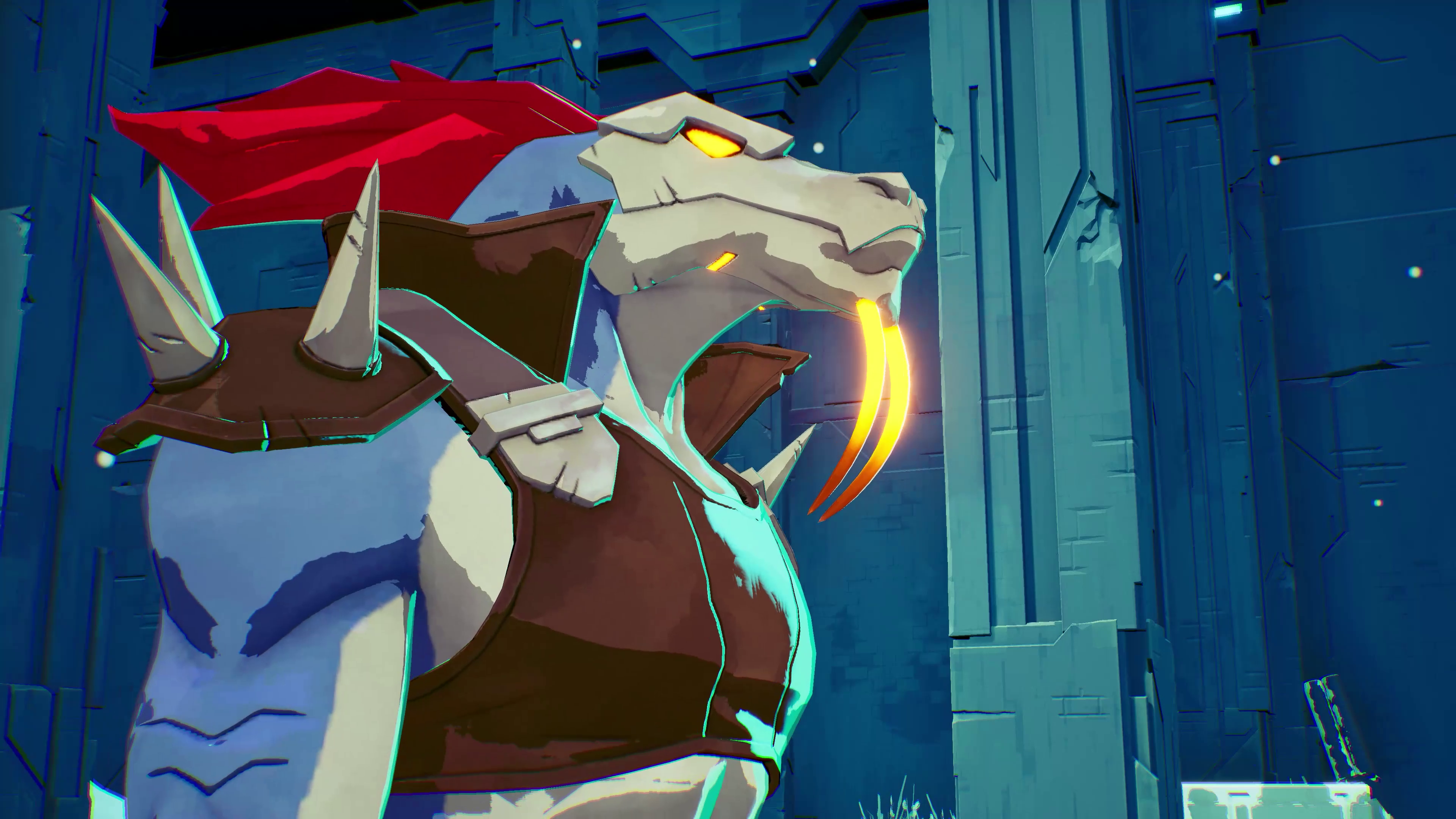 Side profile view of new Hyper Light Breaker character, a big crocodile man with a spikey goatee.