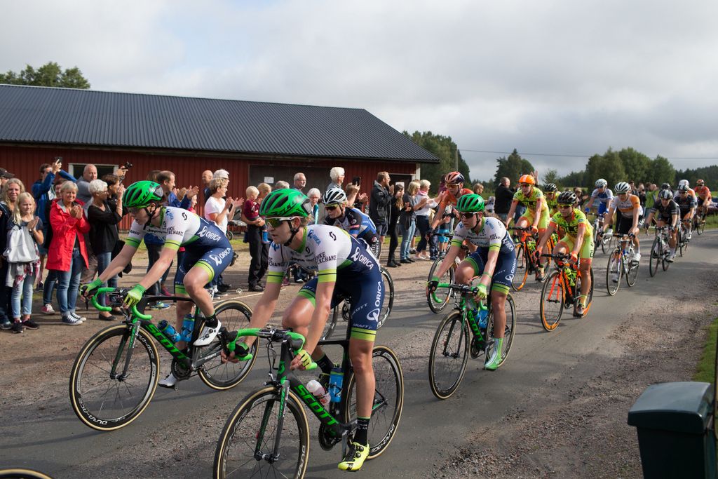 The Orica-AIS squad congregate at the front of the peloton