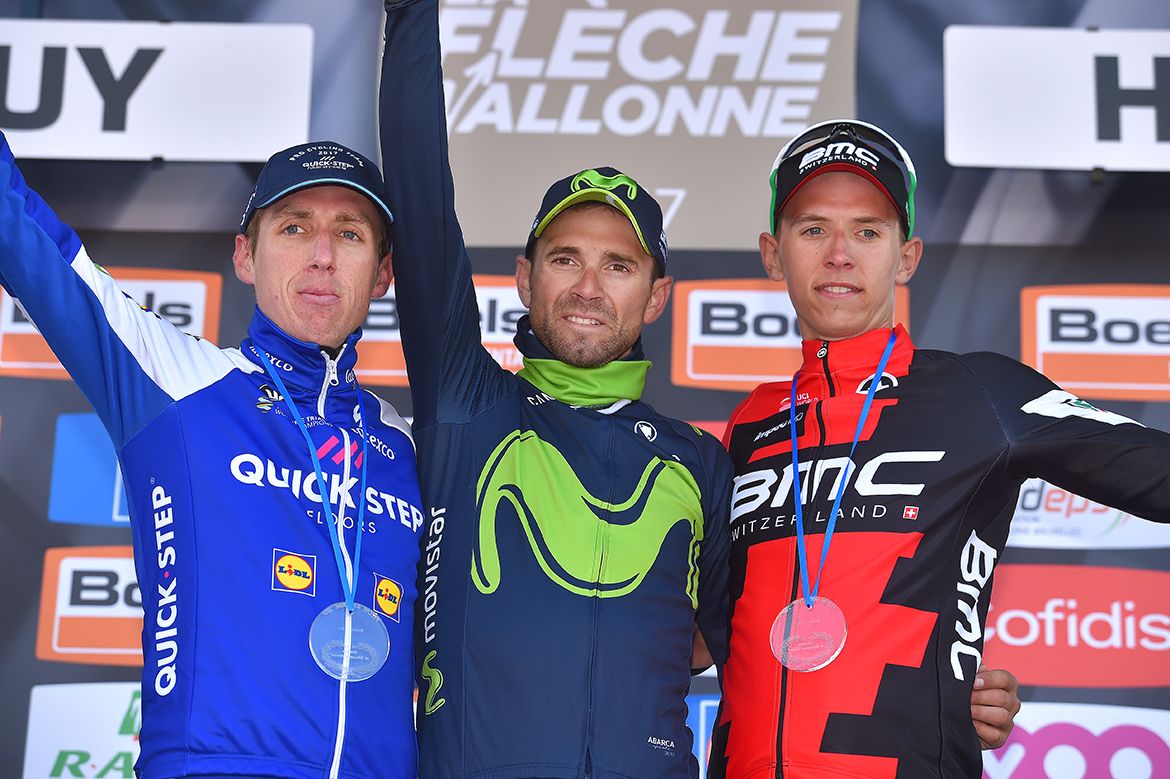 Dan Martin, Alejandro Valverde and Dylan Teuns on the podium