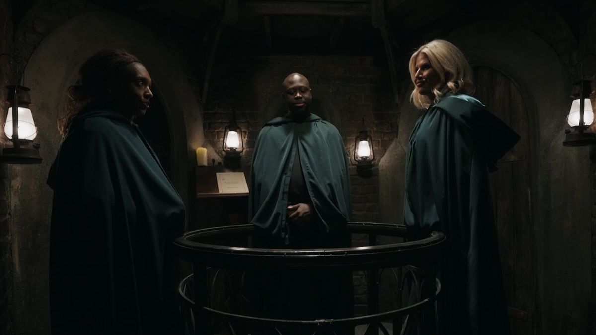 Carolyn, Bob, and Danielle in the turret for The Traitors Season 3