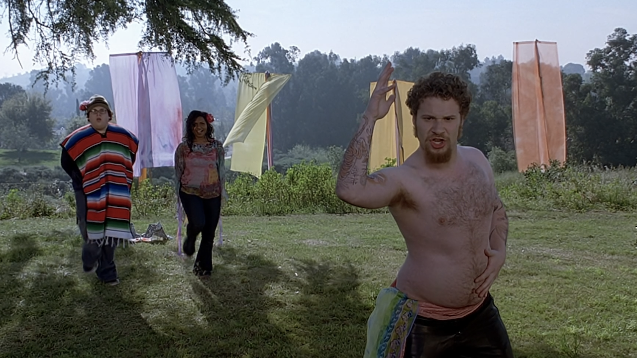 Seth Rogen, Jonah Hill and Mindy Kaling in 40 Year Old Virgin Age of Aquarius sequence