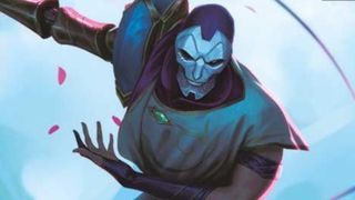 The masked Jhin bows amidst falling petals, against a blue background