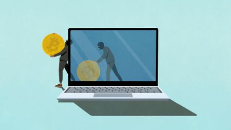 Illustrated thieves stealing bitcoin from a laptop