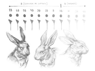 Sketching tips: A comparison of pencil hardness from 8B to 4H and three sketches of a hare's head.