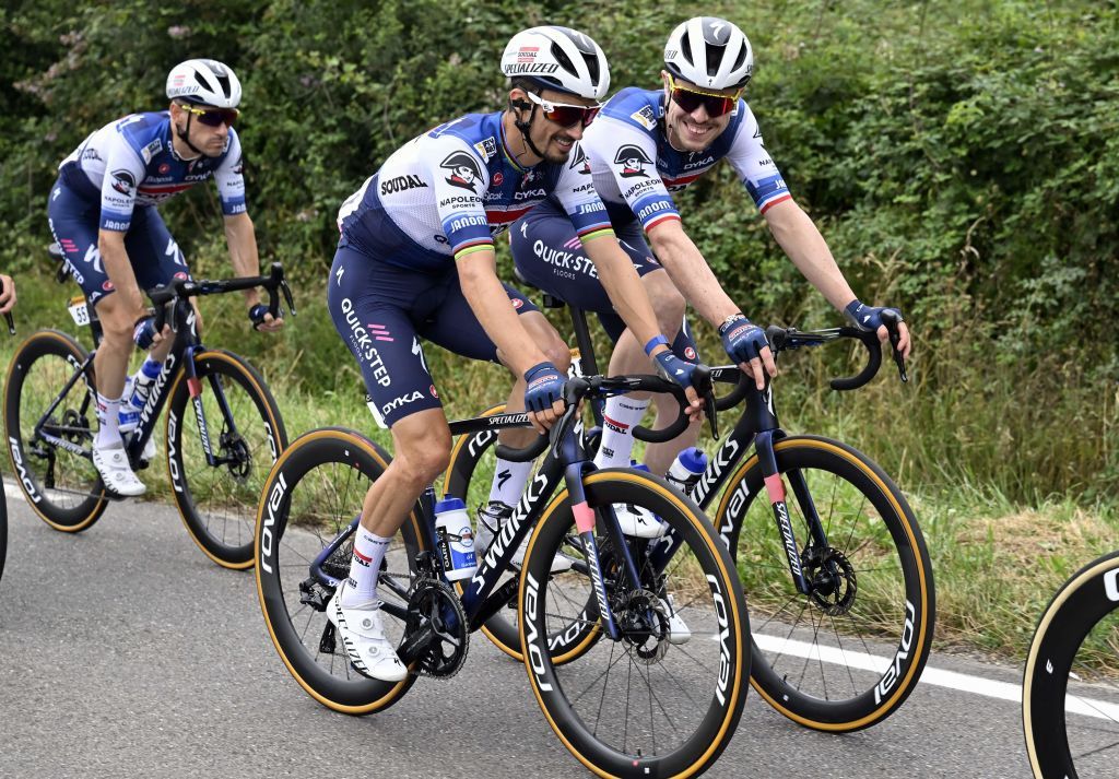 French Julian Alaphilippe of Soudal QuickStep and French Remi Cavagna of Soudal QuickStep pictured in action during the fourth stage of the Tour de France cycling race a 1818 km race from Dax to Nogaro France Tuesday 04 July 2023 This years Tour de France takes place from 01 to 23 July 2023 BELGA PHOTO DIRK WAEM Photo by DIRK WAEM BELGA MAG Belga via AFP Photo by DIRK WAEMBELGA MAGAFP via Getty Images