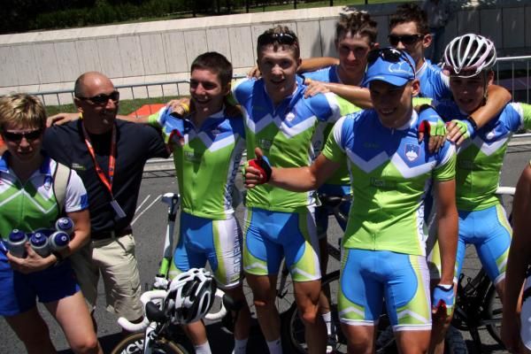 The Slovenian National Team celebrate the win.