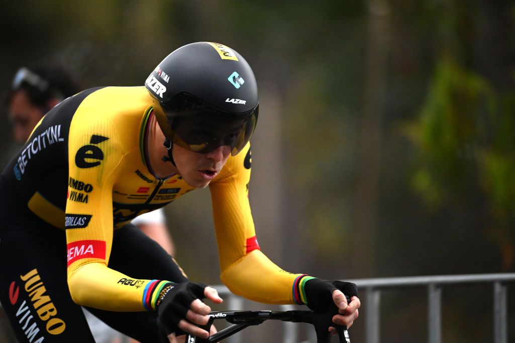 ADELAIDE AUSTRALIA JANUARY 17 Rohan Dennis of Australia and Team JumboVisma sprints during the 23rd Santos Tour Down Under 2023 Prologue a 55km individual time trial stage from River Torrens Karrawirra Parri Adelaide CBD to River Torrens Karrawirra Parri Adelaide CBD TourDownUnder WorldTour on January 17 2023 in Adelaide Australia Photo by Tim de WaeleGetty Images