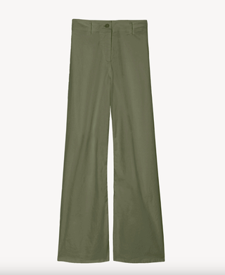 a pair of green pants in front of a plain backdrop inspired by Kendall Jenner