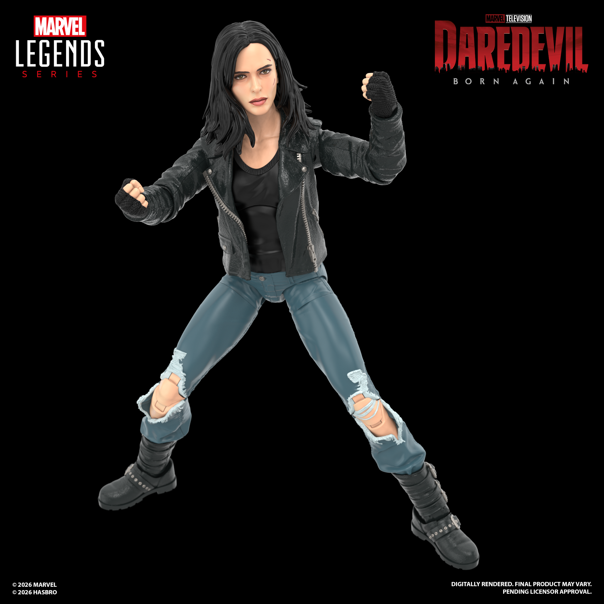 Marvel Legends Jessica Jones raising fists against a dark background, with multiple logos visible in frame