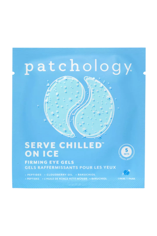 A single pack of Patchology serve chilled on ice firming eye gels set against a white background.