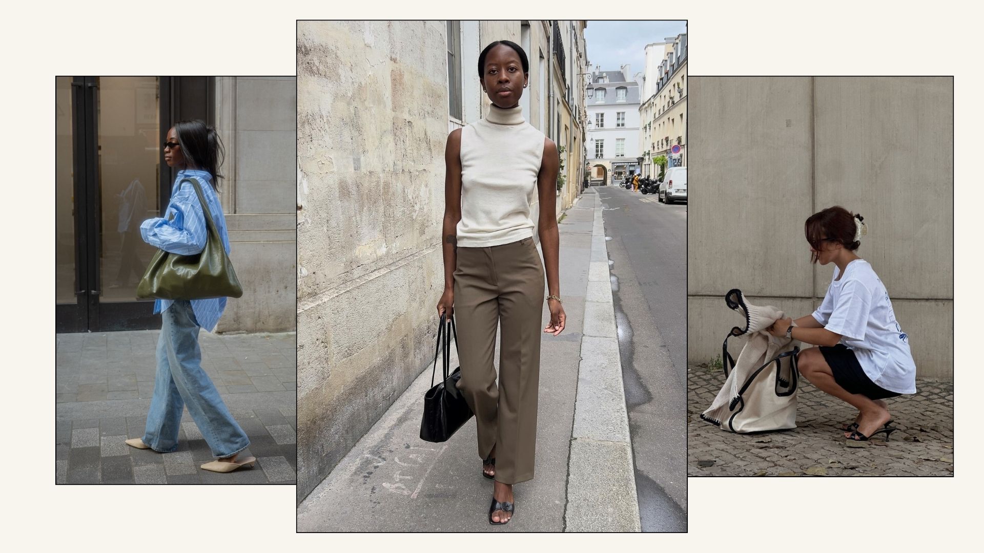 Influencers @_livmadeline, @sylviemus_, @deborabrosa stand outside wearing low-heel mules with jeans, trousers and shorts.