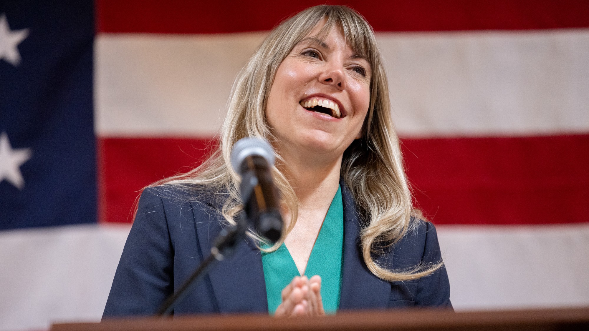 State Senator Sarah Trone Garriott, a Democrat from Iowa and a U.S. congressional candidate, during a primary election night event at The Loft DSM in Des Moines, Iowa, on June 2, 2026.