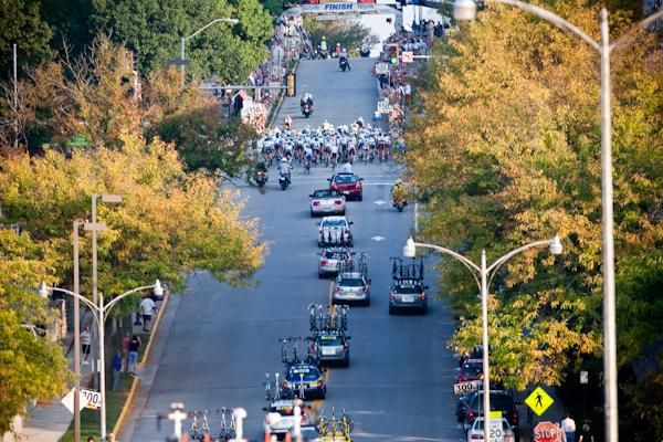 Riders reach the up-hill finish for the first time.
