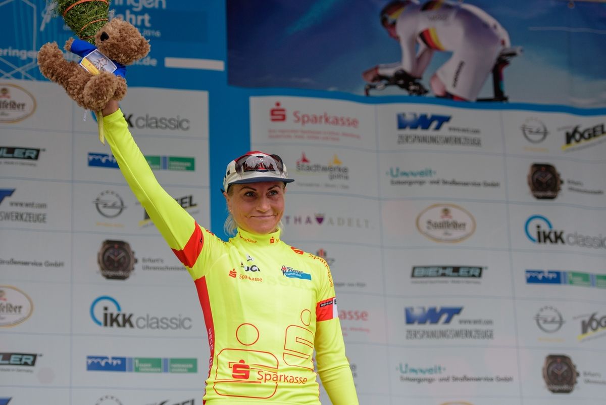 New race leader after her solo stage win, Olga Zabelinskaya (Russia) at Thuringen Rundfarht 2016 - Stage 2