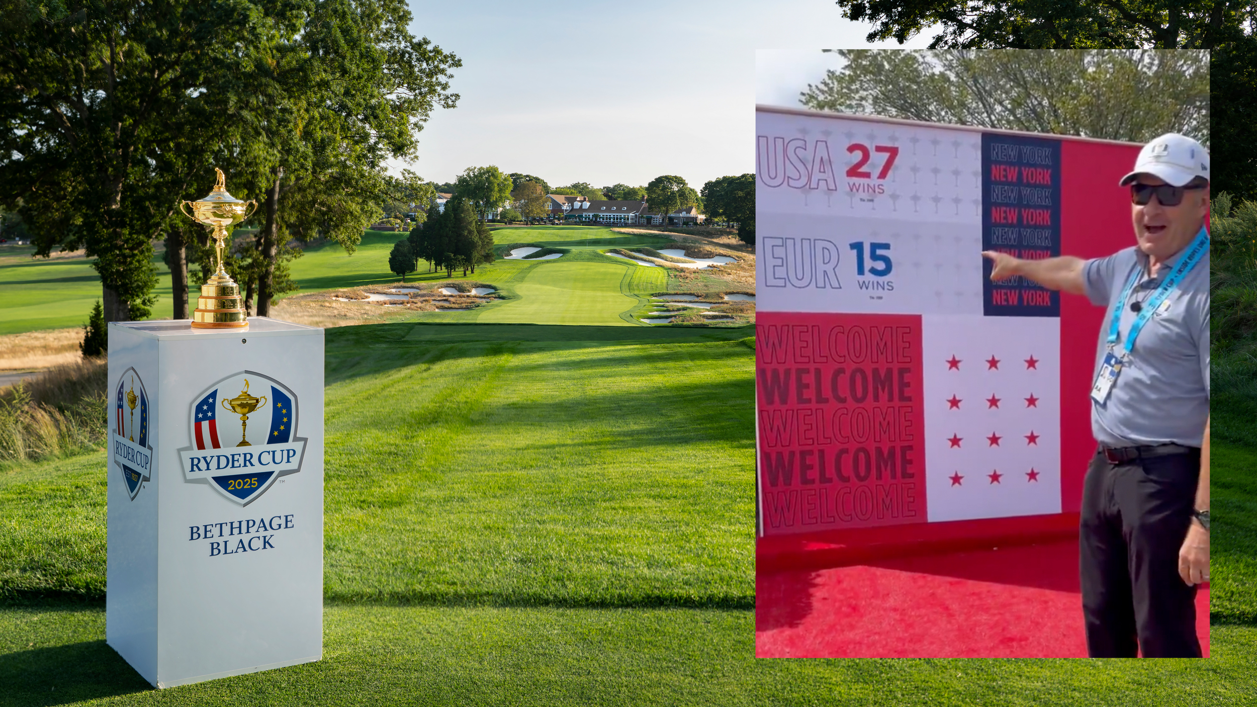 The Ryder Cup trophy on the 1st tee at Bethpage Black and an inset of Sir Nick Faldo&#039;s video of the questionable sign showing USA 27 Europe 15
