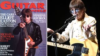 Elliot Easton wears round sunglasses with a pale blue tiny and holds his hands out as he addresses the crowd. He has a Butterscotch Blonde Telecaster.