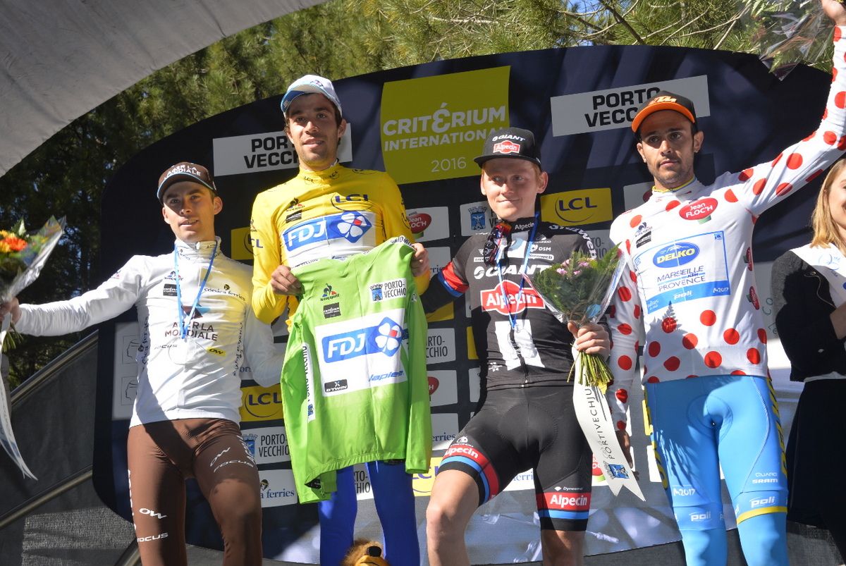Pierre Latour (Ag2r-La Mondiale), Thibaut Pinot (FDJ) and Sam Oomen (Giant-Alpecin) and R&eacute;my Di Gregorio (Delko Marseille Provence KTM) on the podium as classification winners and the podium