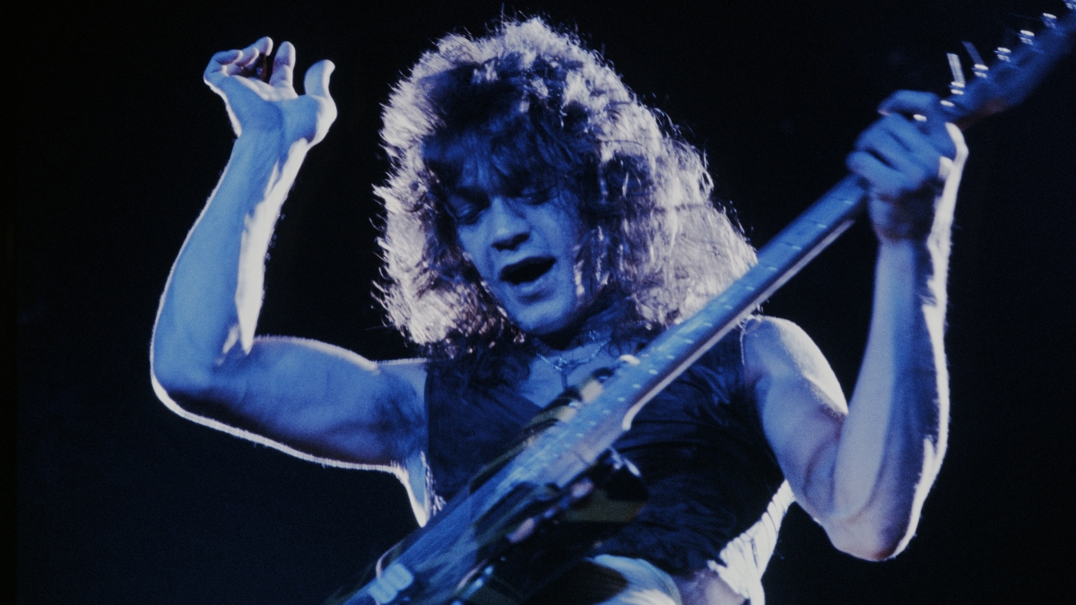 Eddie Van Halen of Van Halen performs on stage playing the guitar on their second Japanese tour, Osaka Prefectual Gymnasium, Osaka, Japan, September 1979