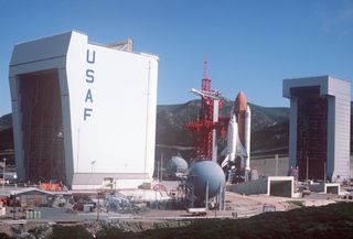A view of the NASA Orbiter OV-101 Enterprise on the launch tower as it would appear prior to launch. 