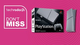 The PS5 Slim 30th Anniversary Digital Edition on a pink background with white don't miss text