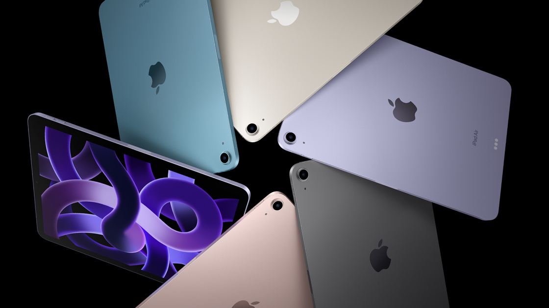 iPad generations: iPad Air models are arranged in the shape of an opening on a black background