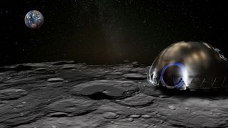 Illustration of a cylindrical moon base with the Earth rising behind in space.
