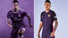 Real Madrid Barcelona purple shirts, James Rodriguez, Neymar
