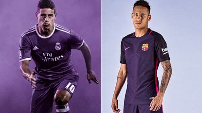 Real Madrid Barcelona purple shirts, James Rodriguez, Neymar