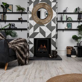 fireplace surrounded by monochrome styles and open shelving
