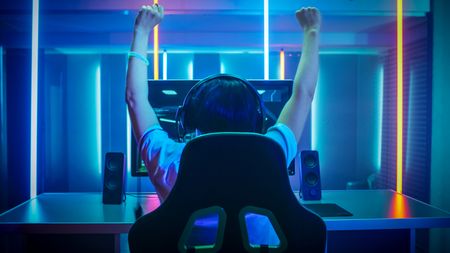 Back of person gaming on a PC, hands in the air in triumph