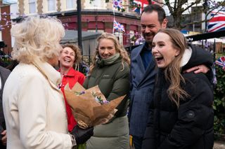 Camilla, Duchess of Cornwall meets actors (L-R) Jane Slaughter, Maddy Hill, Danny Dyer and Rose Ayling-Ellis