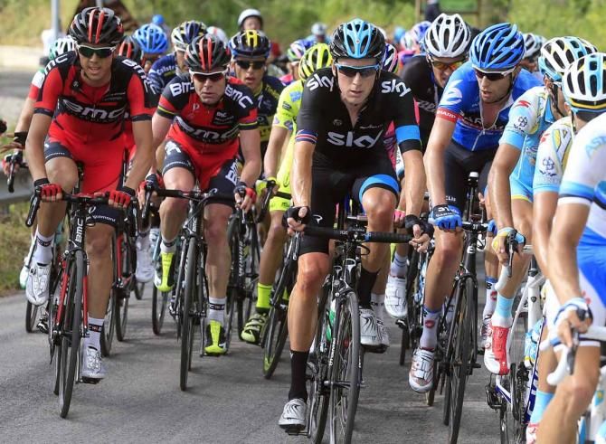 Bradley Wiggins (Team Sky) moves up after Hesjedal's attack