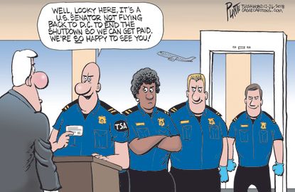 Political cartoon U.S. government shutdown TSA inspectors