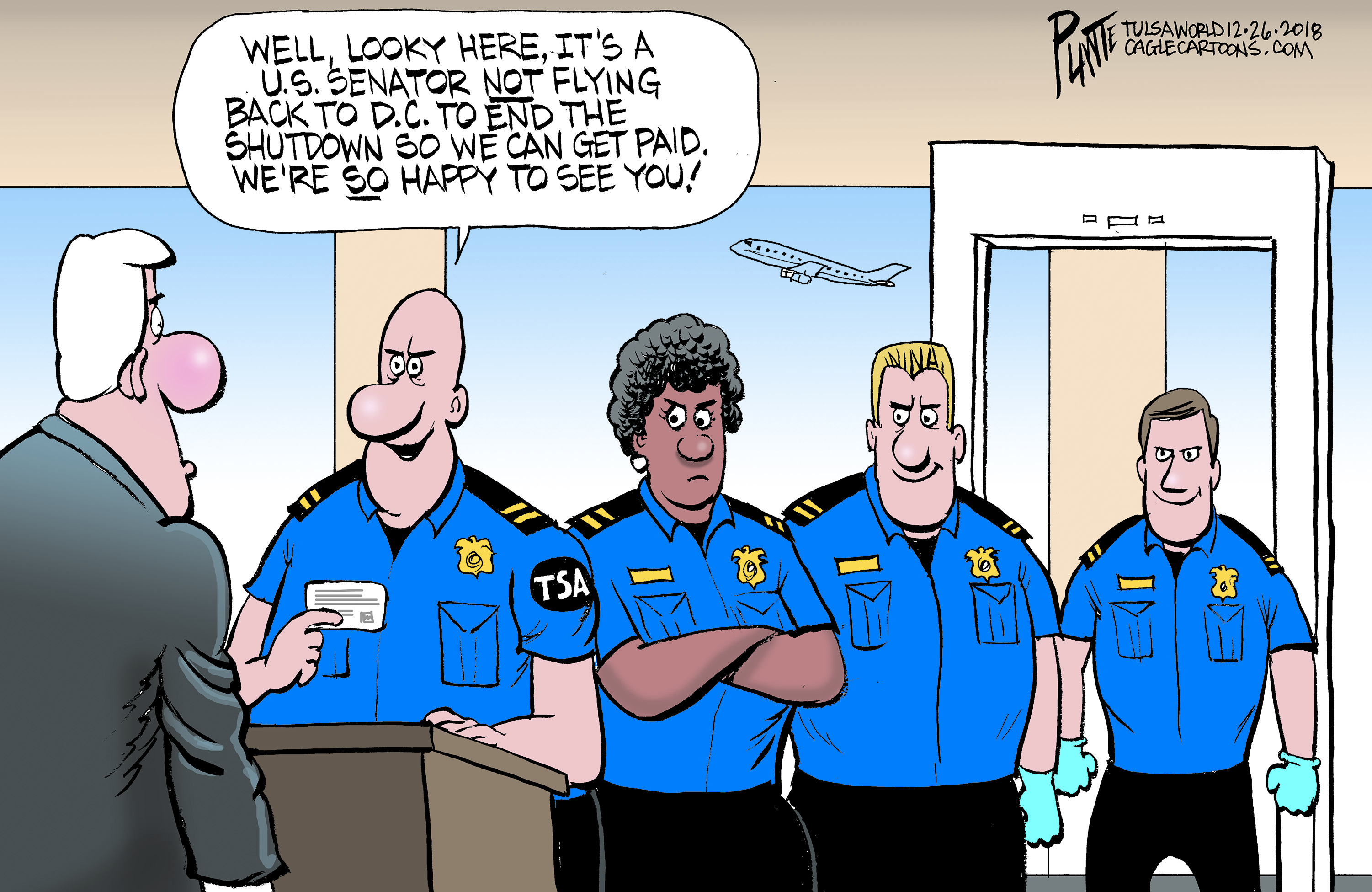 Political cartoon U.S. government shutdown TSA inspectors