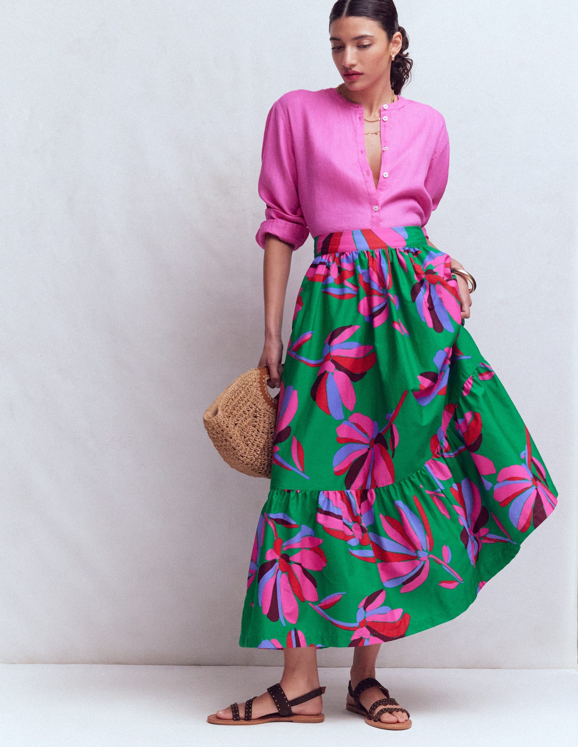 Abigail Poplin Maxi Skirt-Green, Daisy Cascade