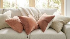 Pottery Barn living room setup with a neutral couch and coral pillows in front of a wide window