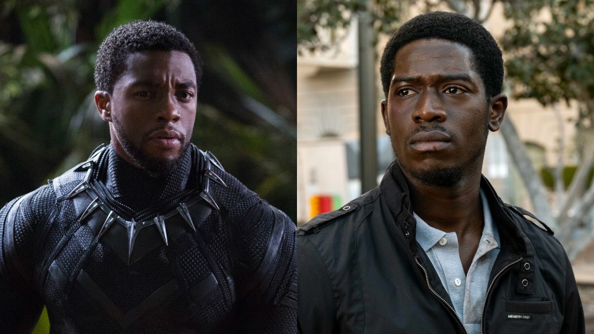 T&#039;Challa (Chadwick Boseman) looks ahead in Black Panther, while Franklin Saint (Damson Idris) looks on on Snowfall