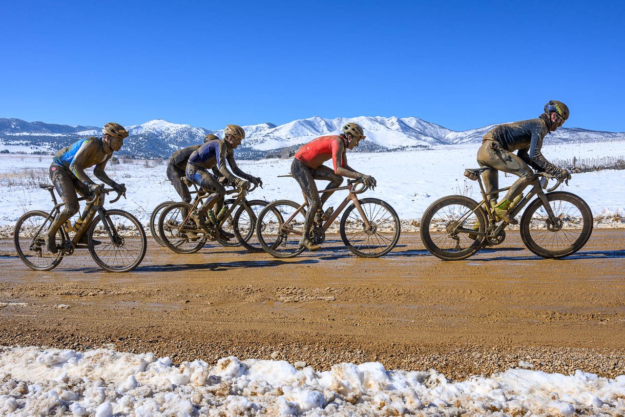 The lead group of elite men just past the halfway point was reduced to just a handful of riders