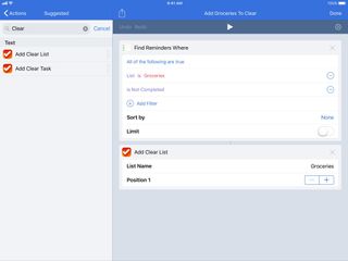 iPad screenshot showing Find Reminders action and Make Clear List action in the Workflow Composer