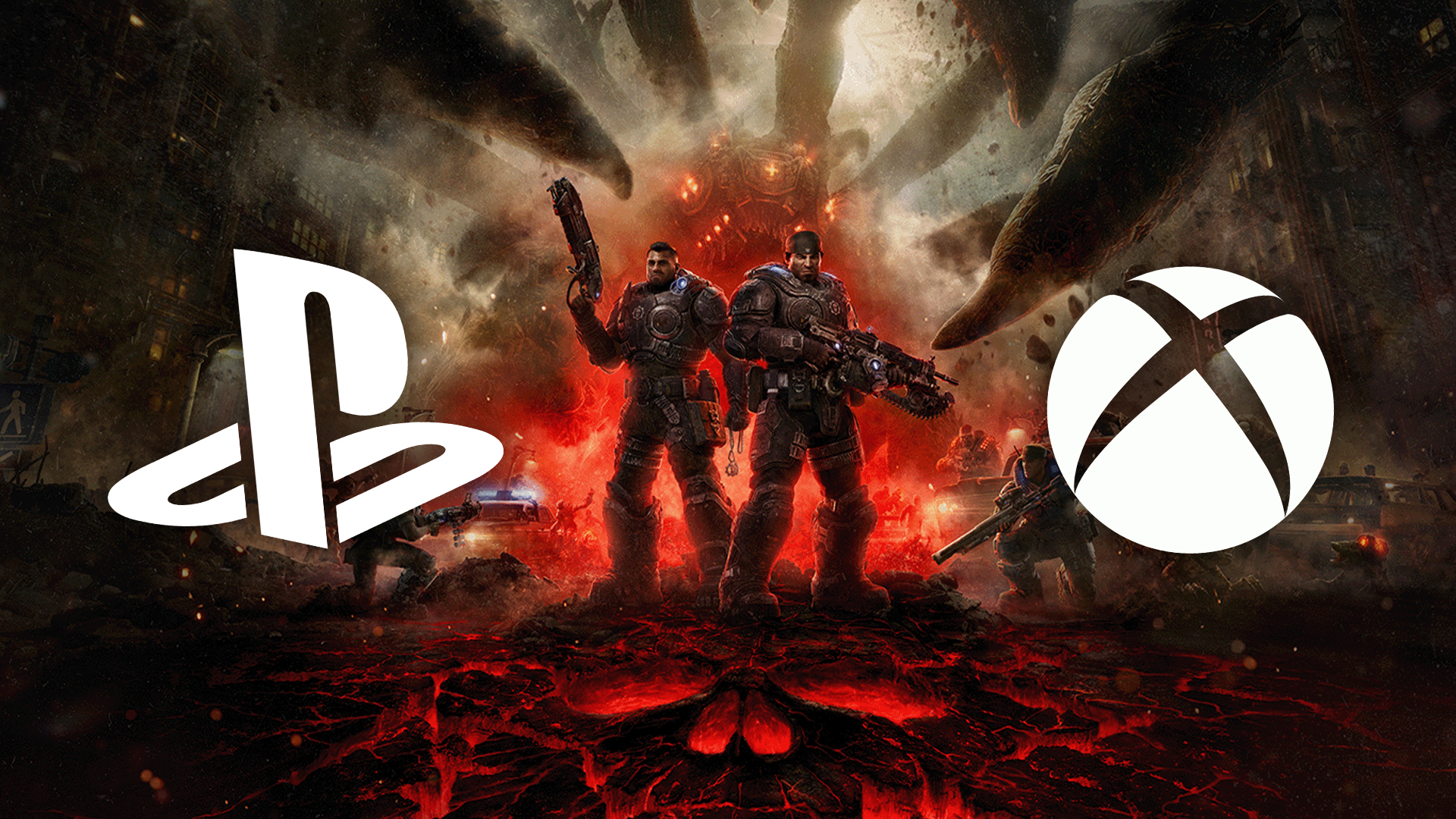 PlayStation and Xbox logos overlaid on an image from Gears of War E-DAY
