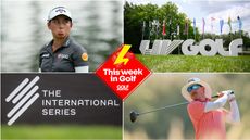 Jeeno Thitikul frowns (top left) and Joel Dahmen hits a drive (bottom right) with general signs of the International Series logo (bottom left) and the LIV Golf logo (top right). This Week In Golf Diamond sits in the centre