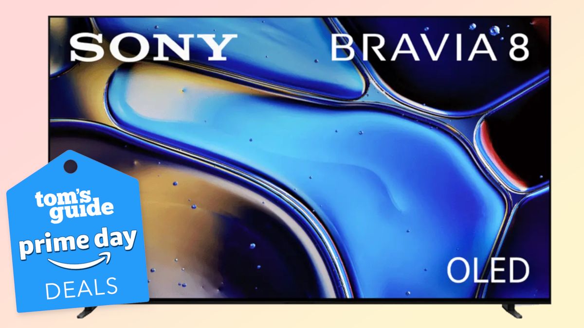 The Sony Bravia 8 OLED TV in front of a plain, colored background