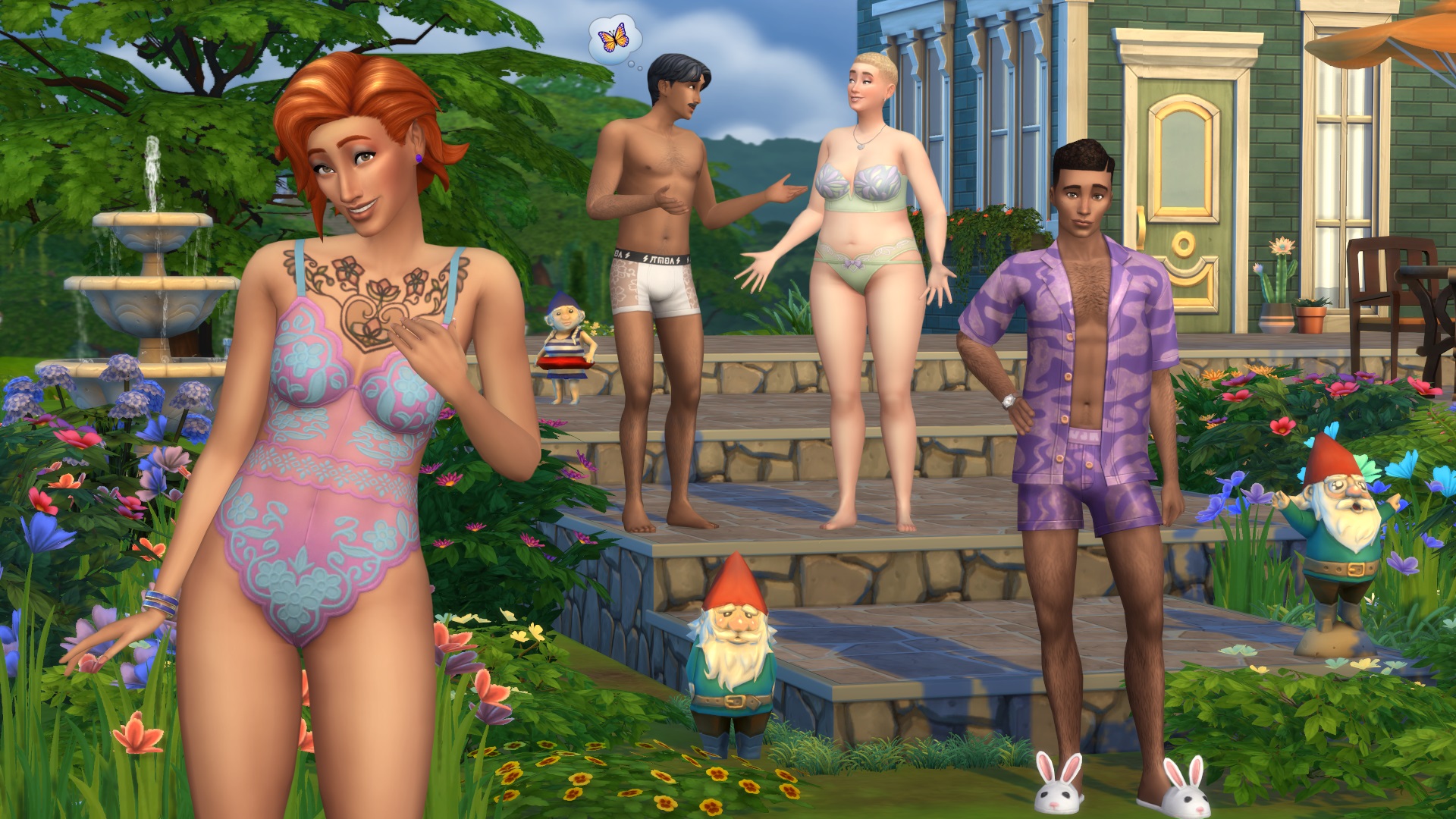 Le kit Sims 4 Simtimates - plusieurs Sims portant différentes combinaisons de sous-vêtements debout les uns à côté des autres