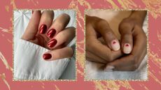 Two hands are pictured with red manicures by nail artist gel.bymegan for a piece on red Christmas nails/ in a red template with gold marbling 