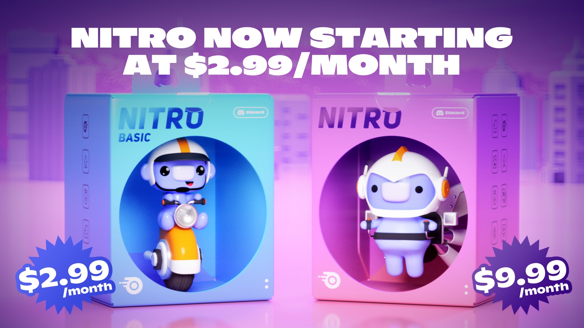Discord Nitro and Discord basic plans shown side-by-side with pricing, represented by two Funko-Pop-style boxed figurines of the Discord mascot.