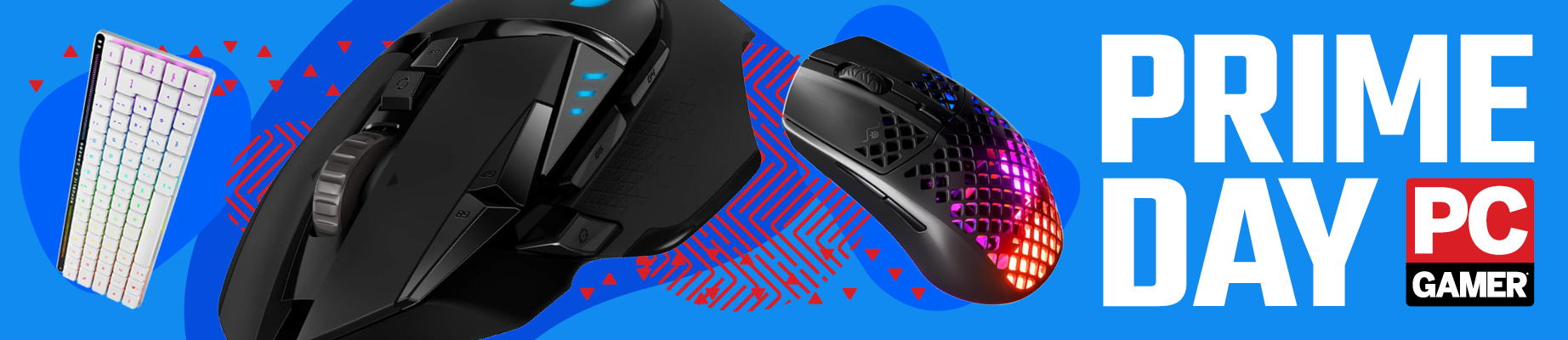 Selection of PC gaming peripherals on a Prime Day background