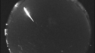 the bright white streak of a meteor stands out in the upper left of an image showing the dark sky.