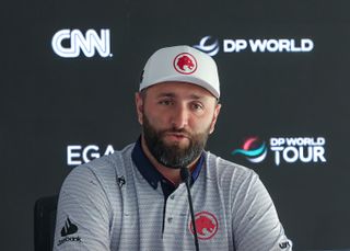 Jon Rahm speaks during his 2025 Hero Dubai Desert Classic press conference