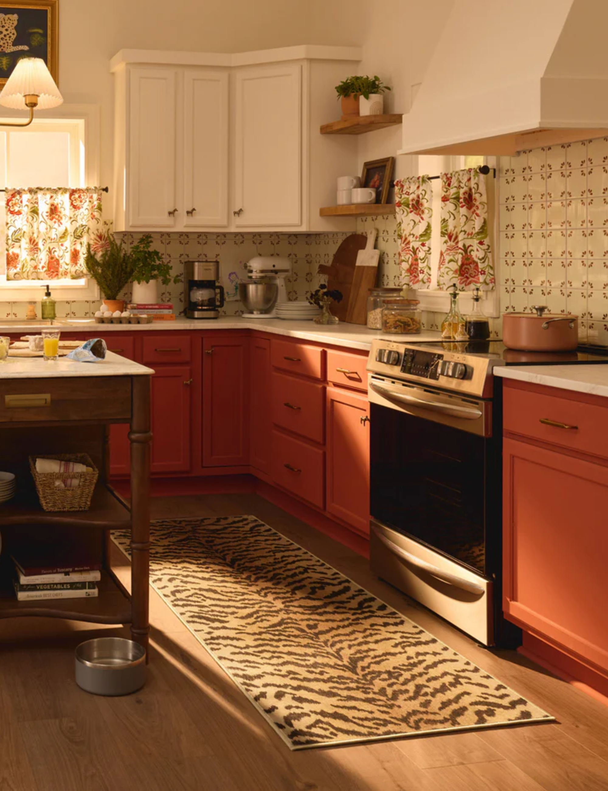 Charming kitchen area lining with a striking tiger print runner rug